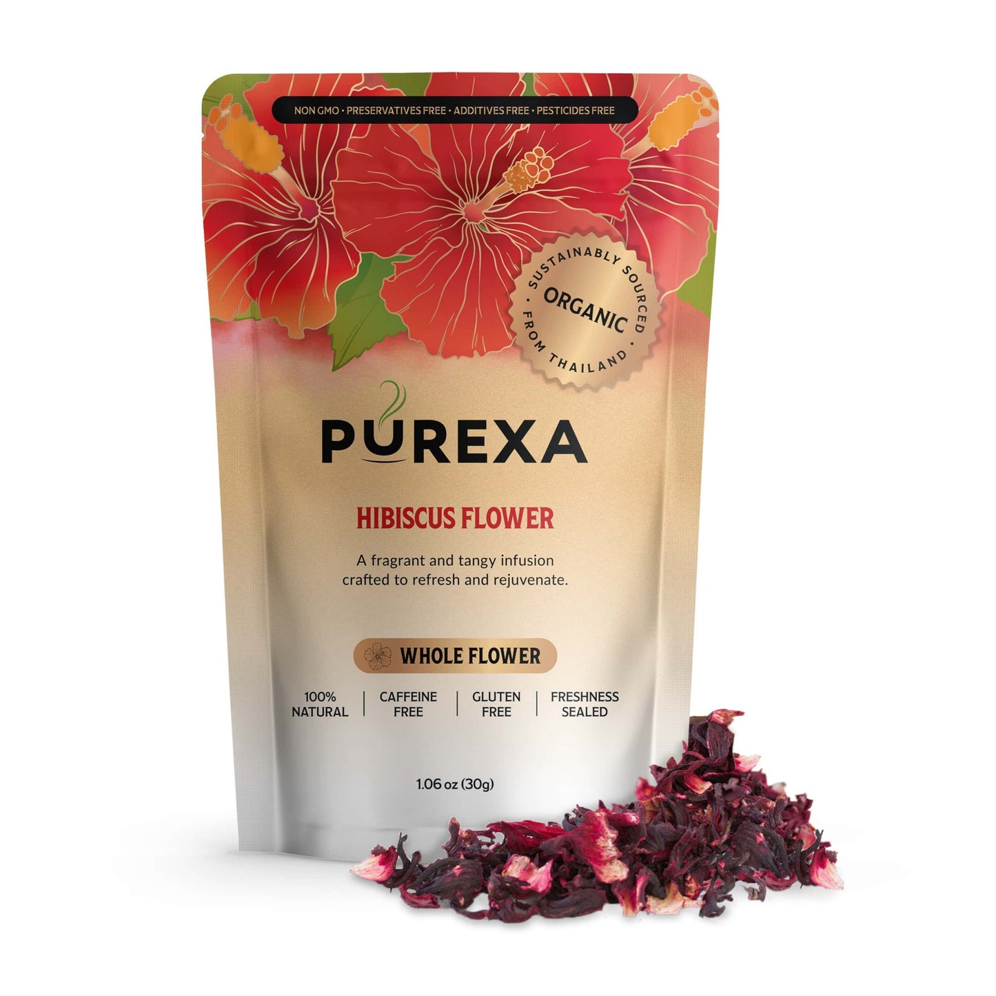 PUREXA hibiscus flower packaging with dried flowers on a white background
