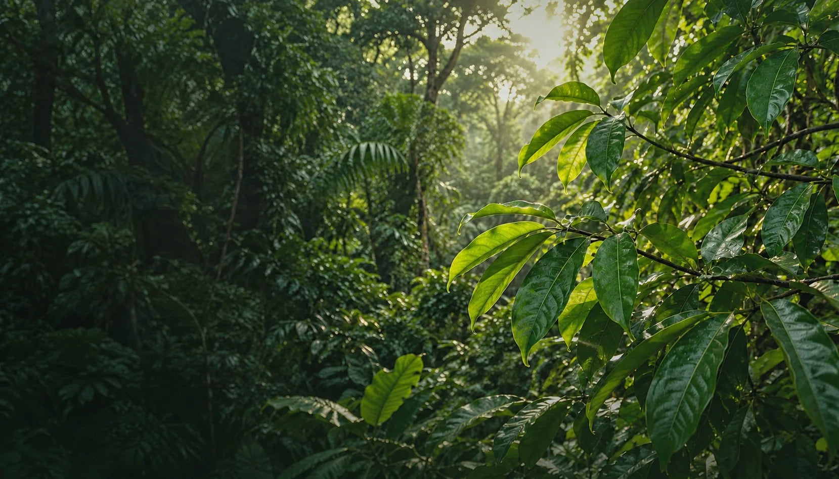 Sunlight through dense green forest foliage.