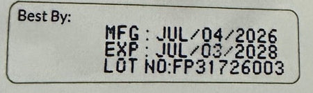 Original package label showing its printed lot, manufacture and expiry details.