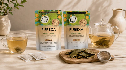 PUREXA soursop tea bags and whole dried leaves prepared in a clear cup and glass teapot