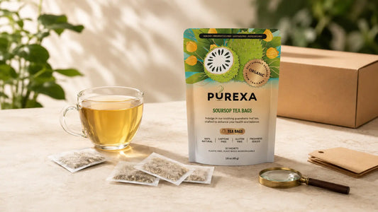 PUREXA Organic Soursop Tea Bags with plain threadless sachets and pale-golden soursop leaf tea