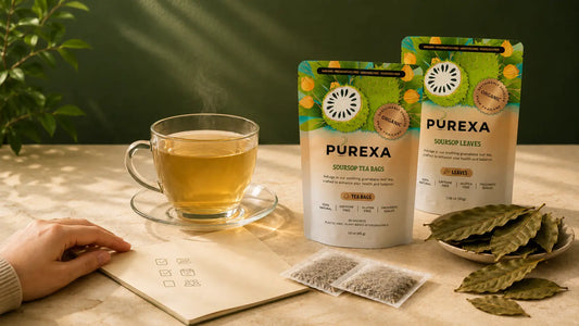 PUREXA soursop tea bags and whole dried leaves beside brewed tea and a safety checklist
