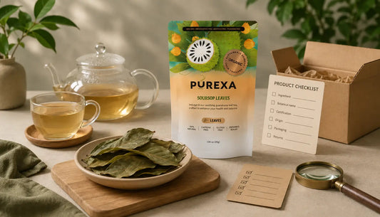 PUREXA Organic Soursop Whole Leaves with dried leaves, brewed tea, a delivery box, magnifying glass, and product-buying checklist
