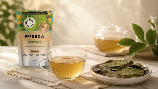 PUREXA Organic Soursop Whole Leaves beside pale-golden soursop leaf tea and whole dried leaves