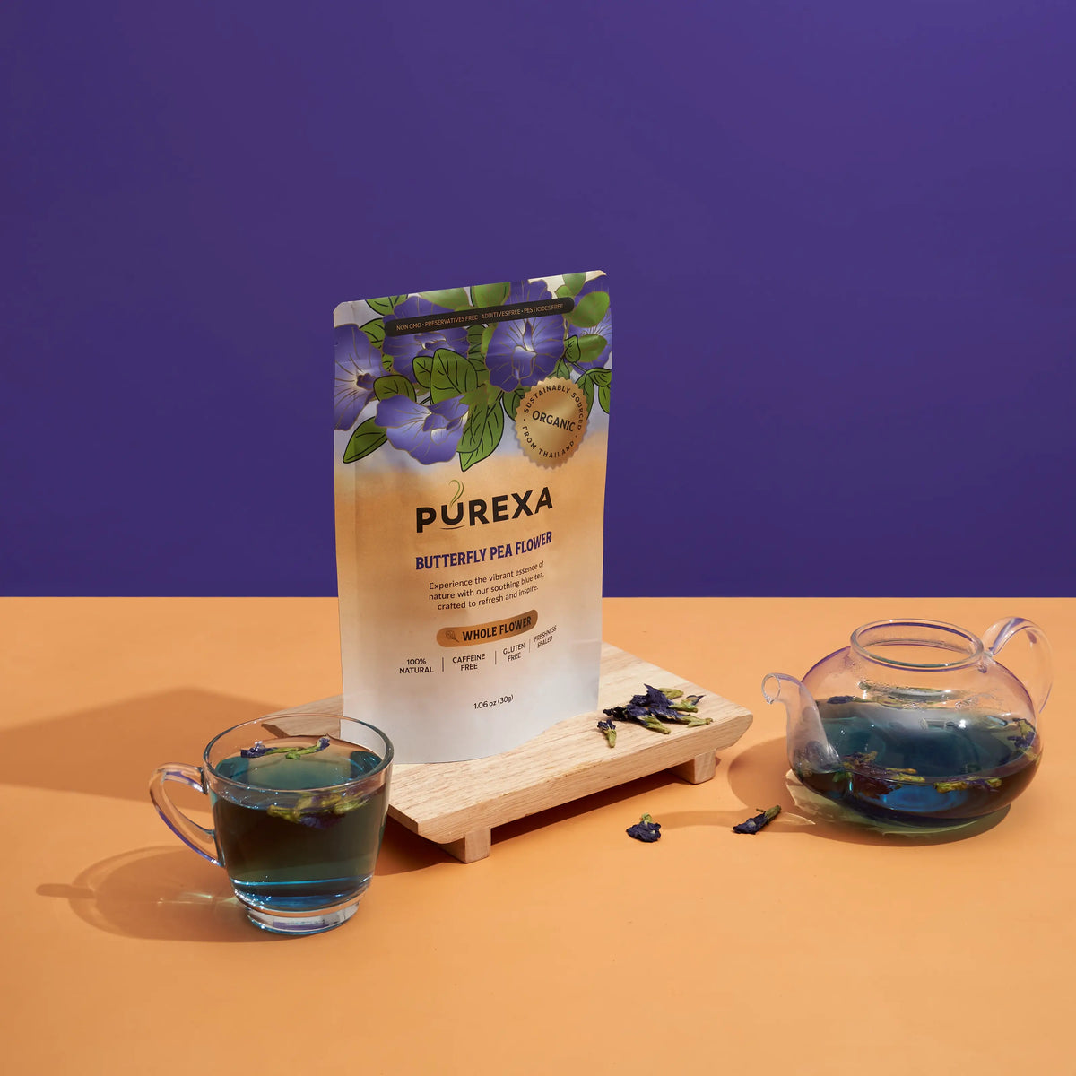PUREXA butterfly pea tea with glass teapot, blue tea and whole flowers
