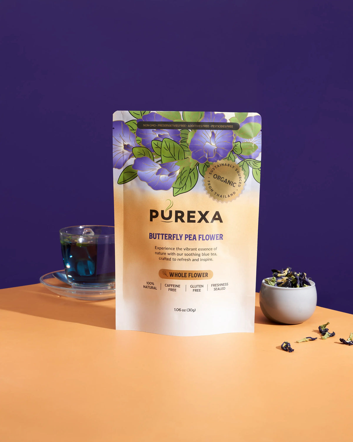 PUREXA Butterfly Pea Tea with blue herbal infusion and whole dried flowers
