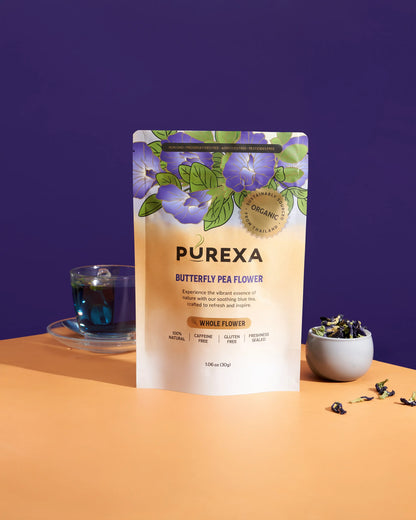 PUREXA Butterfly Pea Tea with blue herbal infusion and whole dried flowers