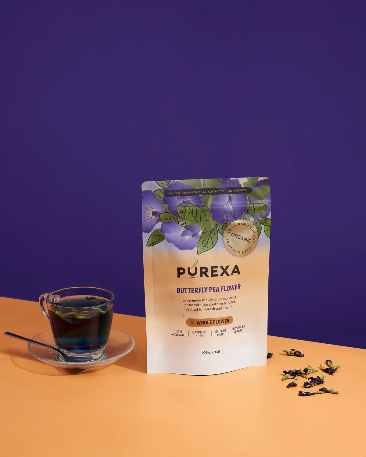 PUREXA Organic Butterfly Pea Flower Tea with brewed blue tea and dried flowers