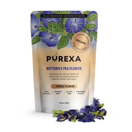 PUREXA Organic Butterfly Pea Tea pouch with whole dried butterfly pea flowers