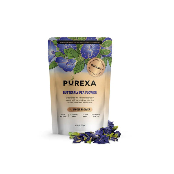 PUREXA Organic Butterfly Pea Tea pouch with whole dried butterfly pea flowers