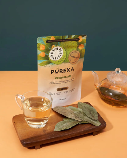 Prepared soursop leaf tea with PUREXA Organic Soursop Whole Leaves pouch and dried leaves
