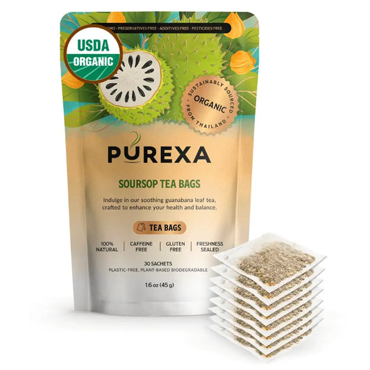 PUREXA Organic Soursop Tea Bags 30-sachet pouch with stacked tea sachets