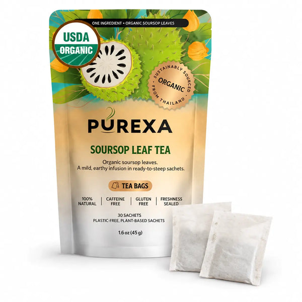 PUREXA Soursop Leaf Tea 30-sachet pouch with two plant-based tea bags on a white background.