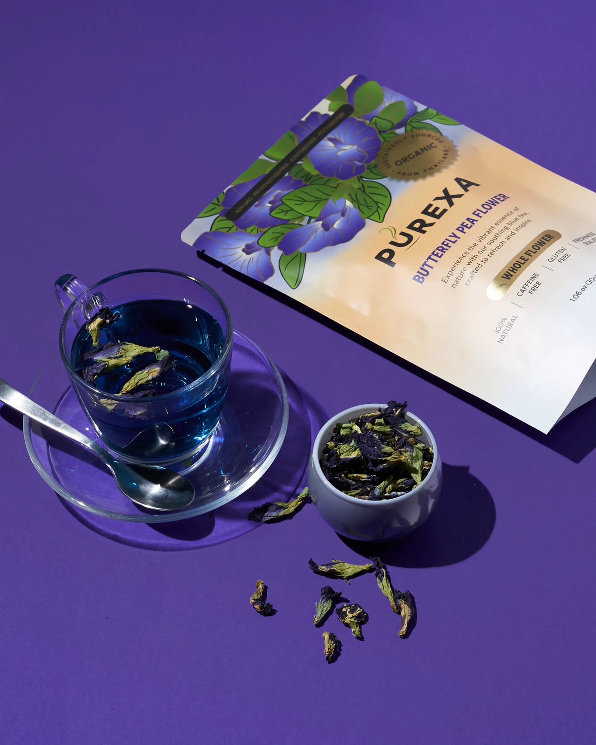 Whole dried butterfly pea flowers with blue tea and PUREXA butterfly pea pouch