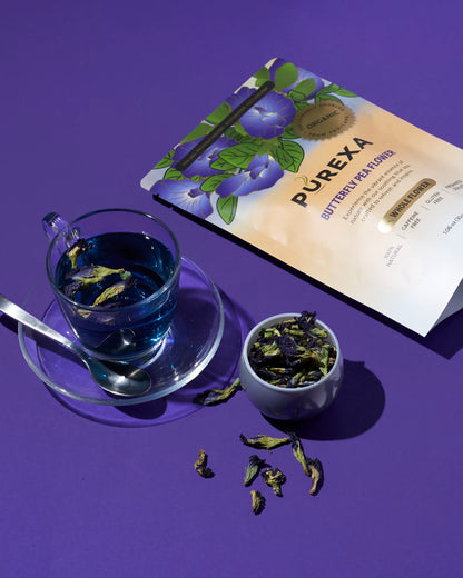 Whole dried butterfly pea flowers with blue tea and PUREXA butterfly pea pouch
